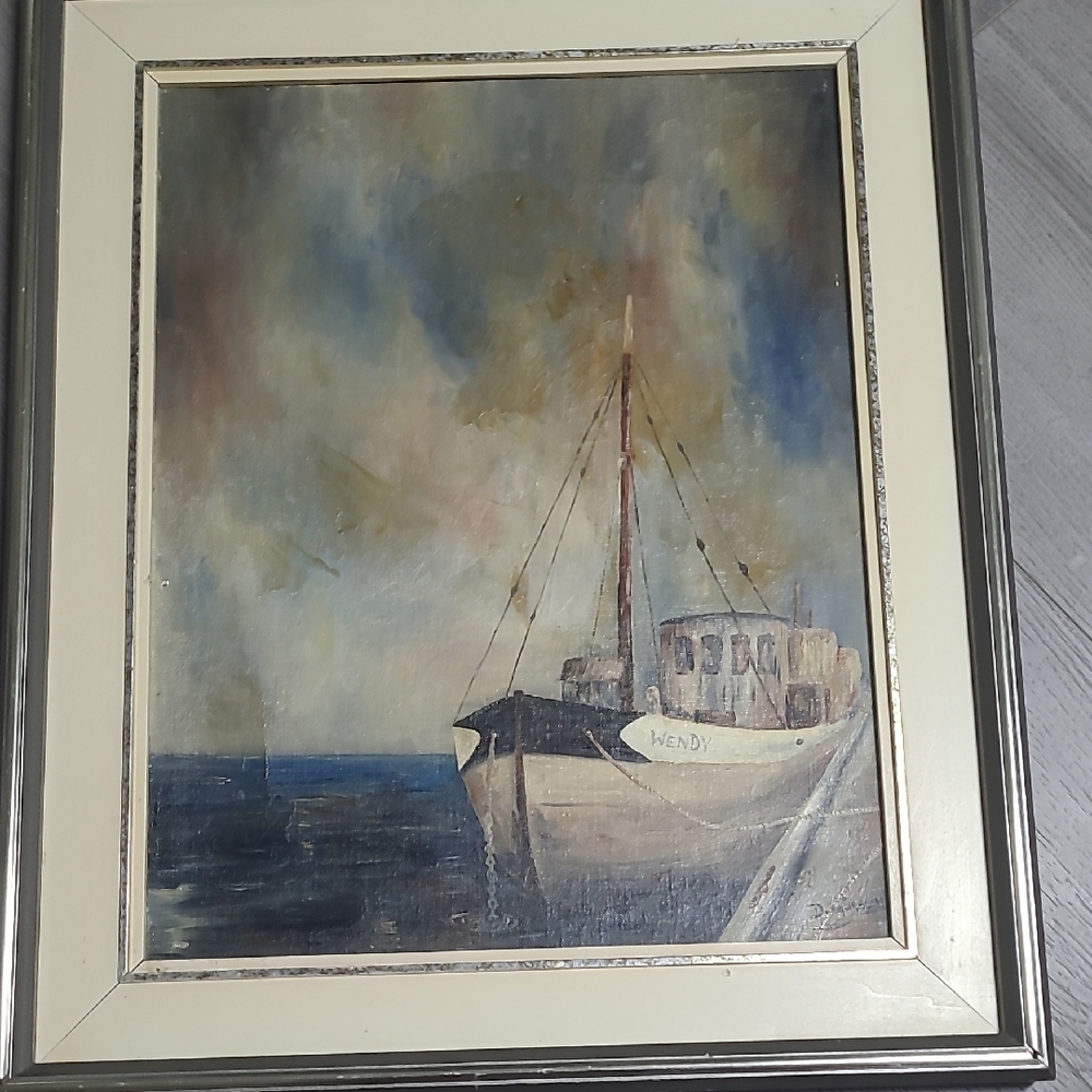 Coastal Boat Oil Painting in Blue and Cream by